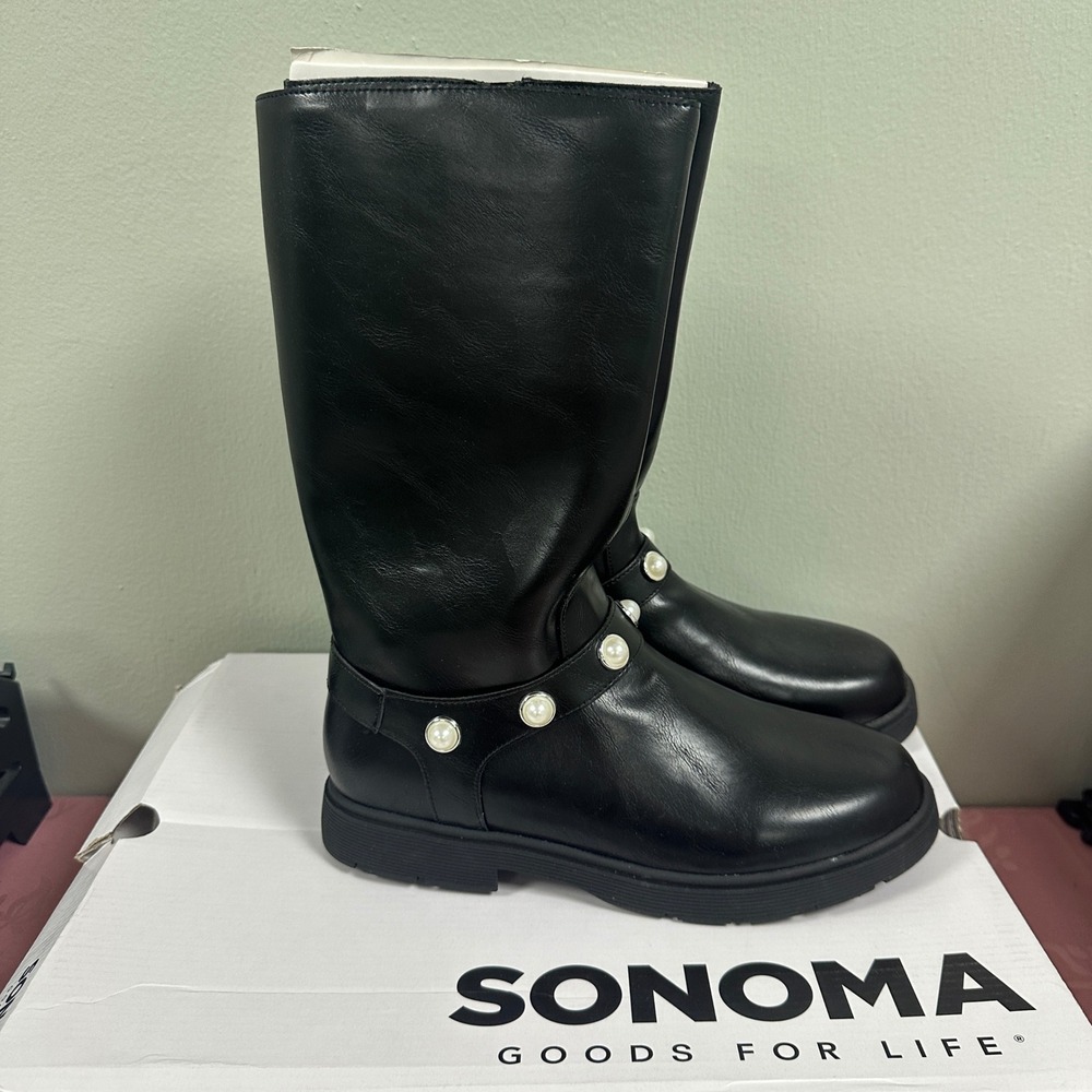 Sonoma Goods For Life Girls Black Pearl Strap Tall Boots BREAH Size 6 NEW‎